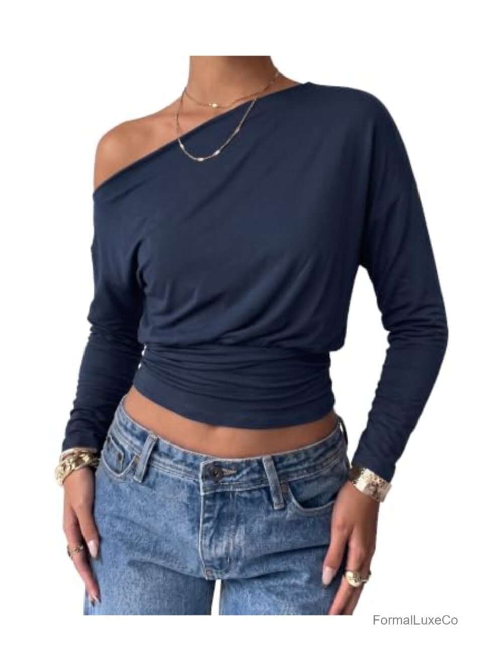 Off Shoulder Drapey Long Sleeve Top Ruched Cinched Waist Asymmetrical Shirt